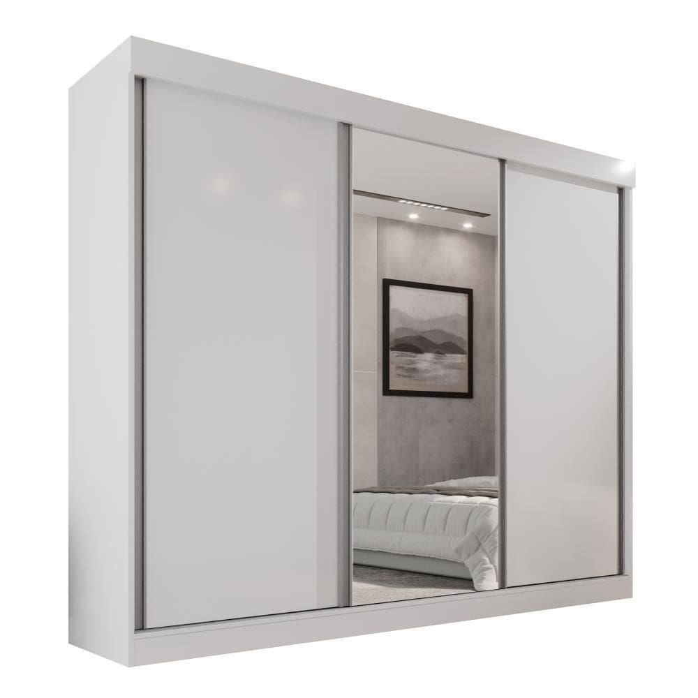 Guarda Roupa Casal 100% Mdf 3 Portas De Correr 6 Gavetas Com Espelho Central Fênix Neve