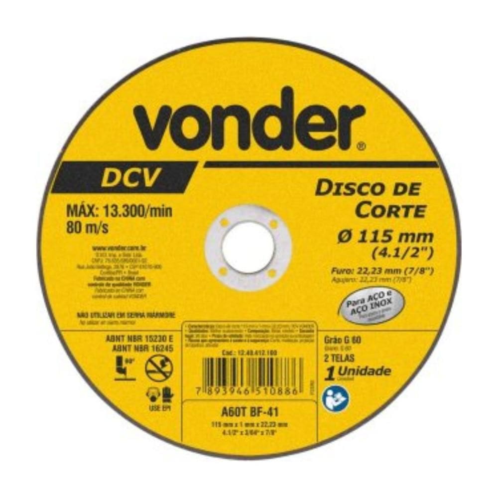 Disco de Corte Vonder DCV Grão G60 115mm x 1mm x 22,23mm