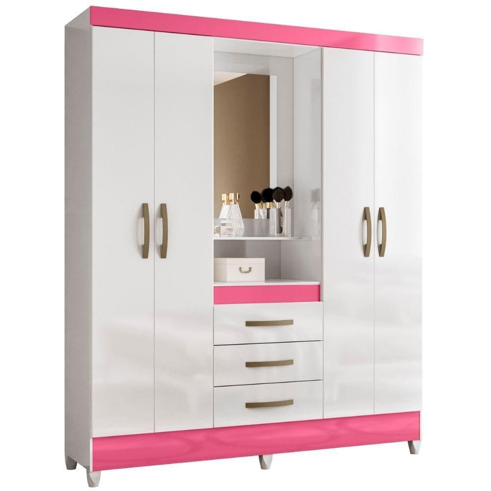Guarda Roupa Capri Com Espelho 4 Portas Branco Rosa Moval