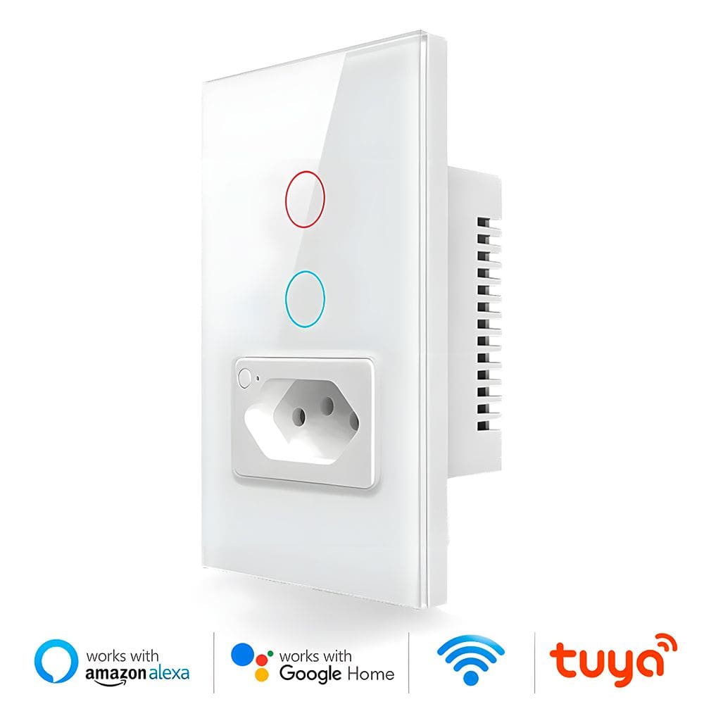 Interruptor Inteligente, Com Tomada, 2 Botões Touch, Wi-Fi, Compatível Com Alexa e Google Home, Avatto, Branco