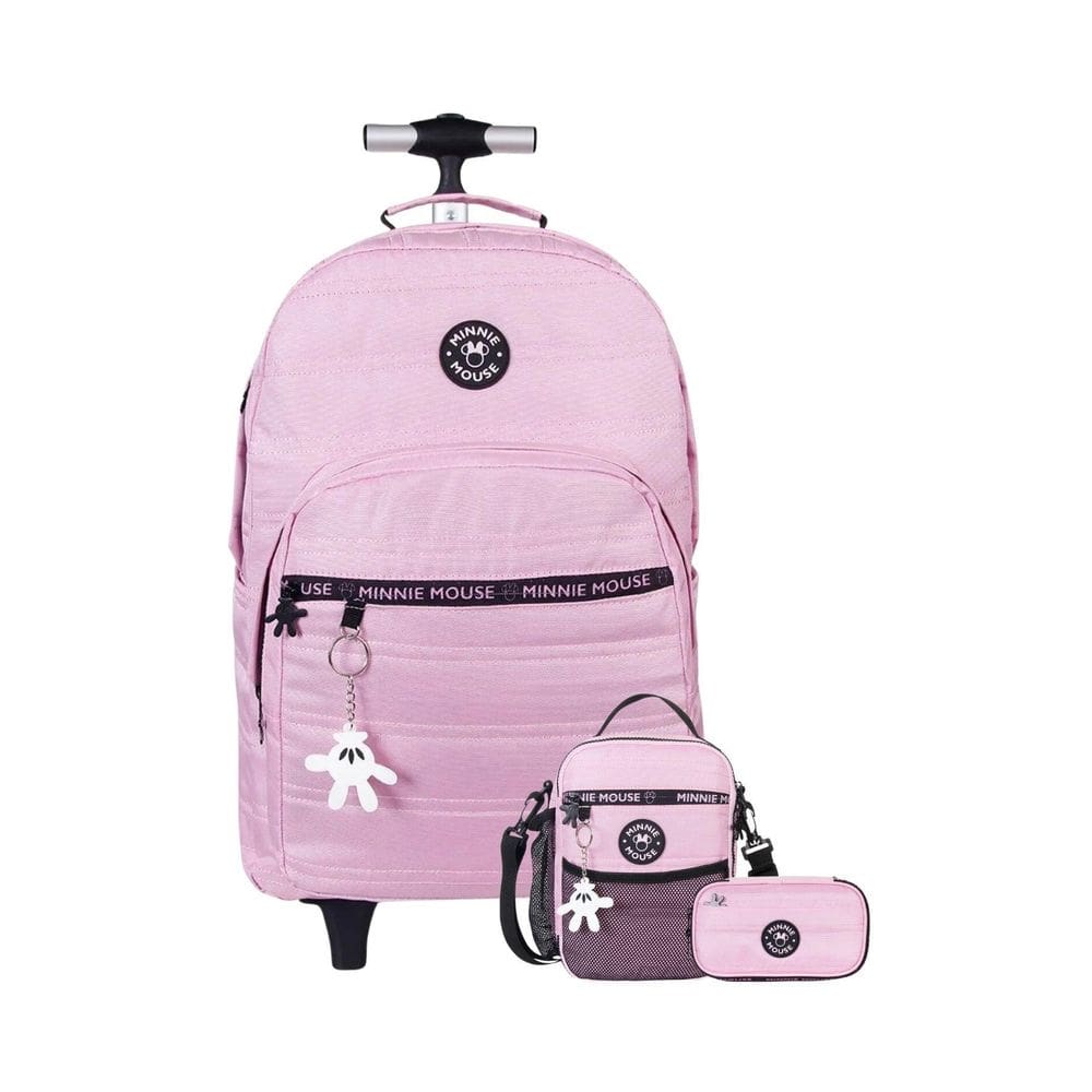 Kit Mochila Rodas+Lancheira+Estojo Minnie Mouse Juvenil Rosa