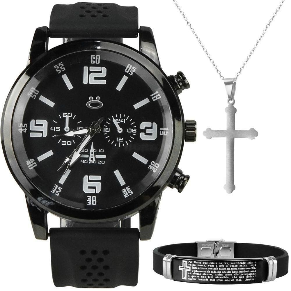 Relogio Masculino Preto Aço Cordao Crucifixo Black Piano