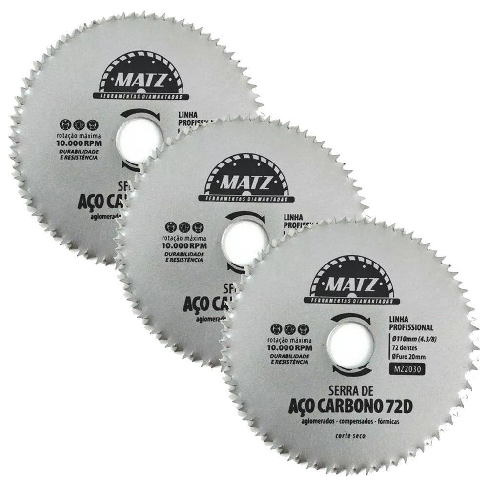 Kit 3 Disco Serra Aço Madeira 72 Dentes 110Mm X 20Mm Matz