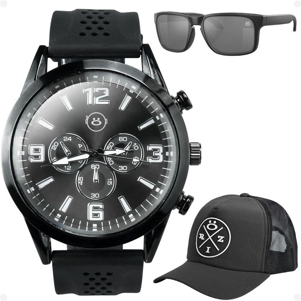 Relogio Masculino Aço Inox Oculos Sol Proteção Uv Boné