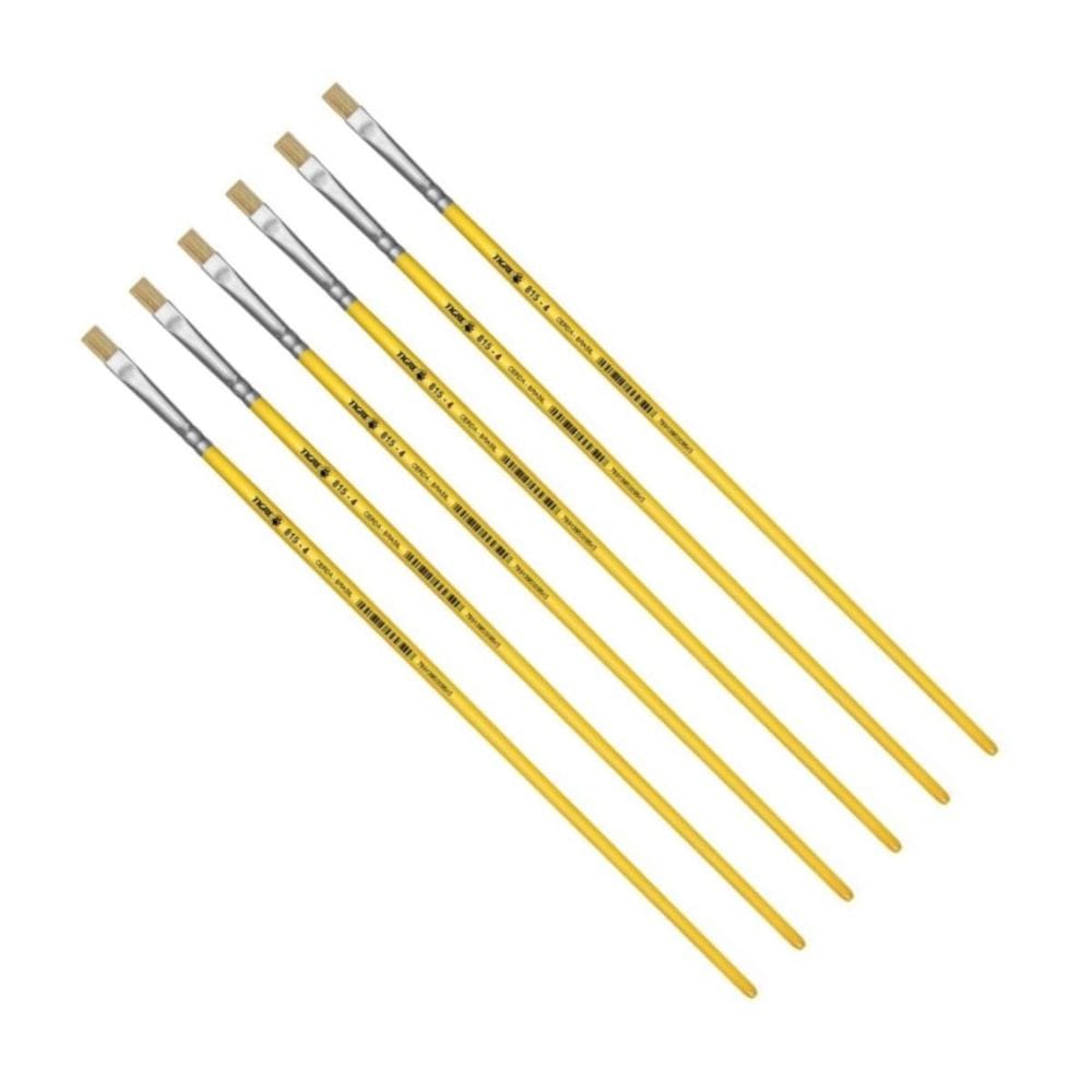 Kit 6 Pincel Chato Longo Cerda Natural 815-4 Nº4 Fino Tigre