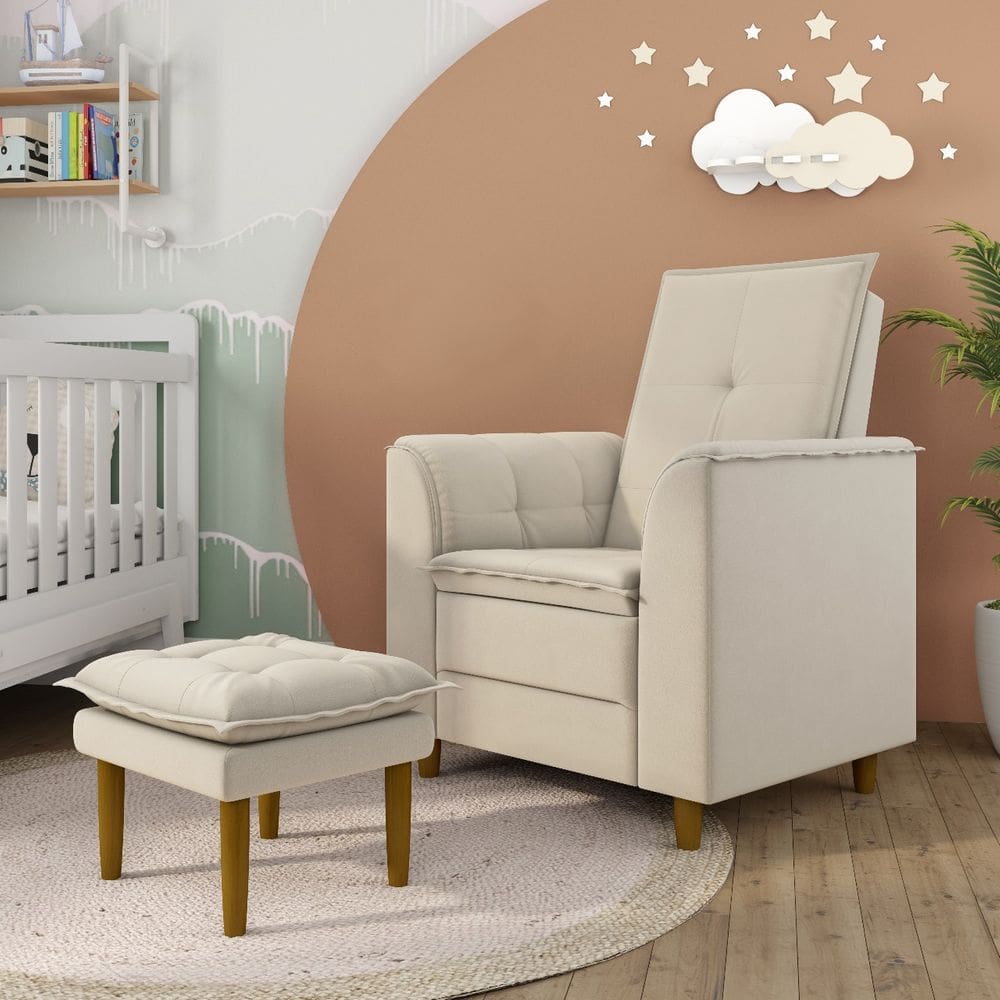 Poltrona Decorativa Amamentação Reforçada e Puff Mavie Suede