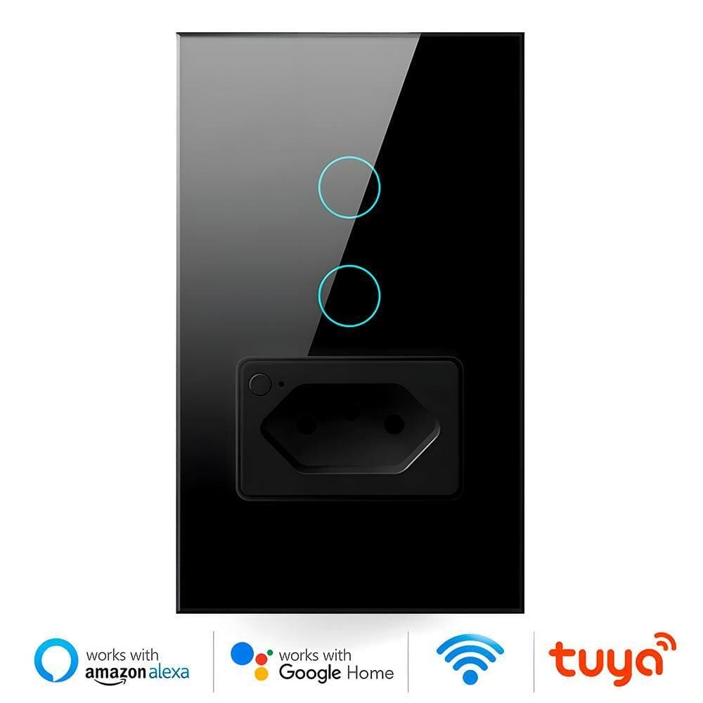 Interruptor Wifi, Com Tomada, 2 Botões, Alexa/Google, Preto