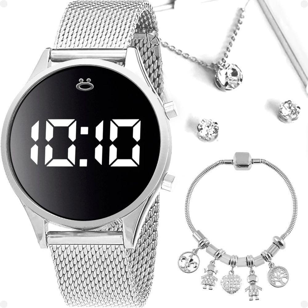 Relogio Feminino Aço Prata Digital Caixa Brincos Colar