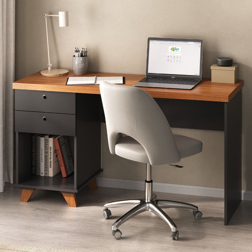 Escrivaninha Retrô com 2 Gavetas Sky para Home Office Freijó/Preto