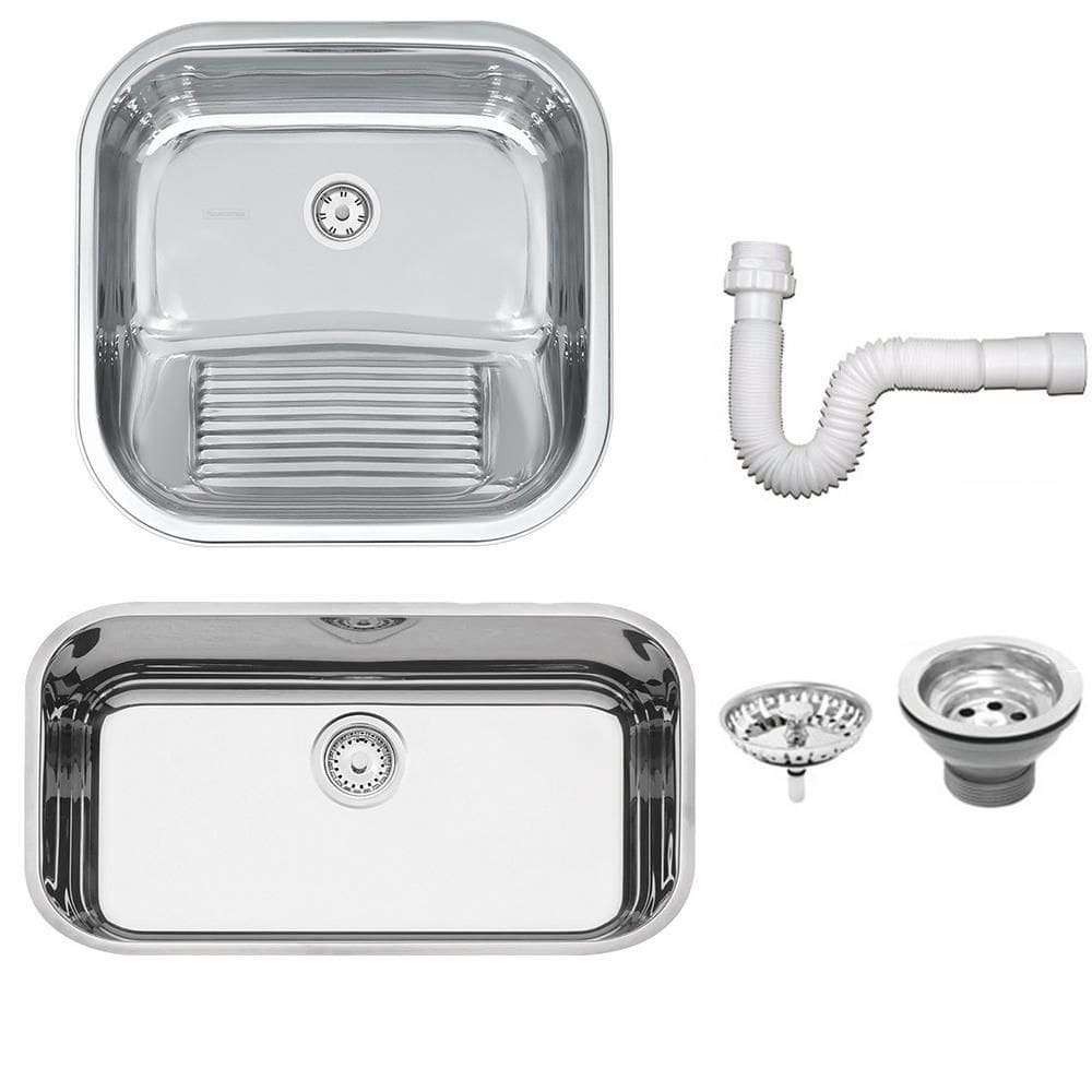 Cuba Tramontina Prime em Aço Inox Alto Brilho 56x34 cm com Válvula e Tanque Polido 40x40 e Sifão 940
