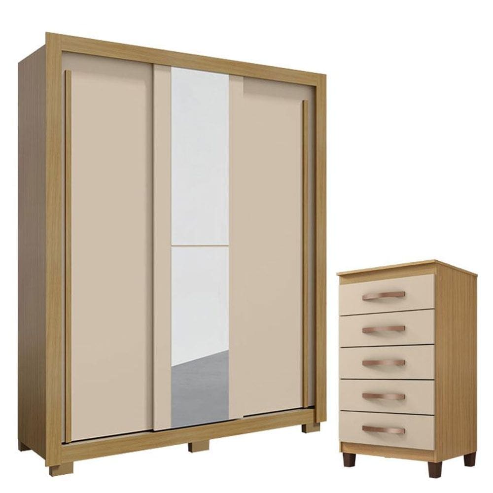 Guarda Roupa Solteiro Nevoa Flex 3 Portas de Correr com Espelho e Cômoda Cannes 5 Gavetas Carvalho Americano Off White - Incorplac