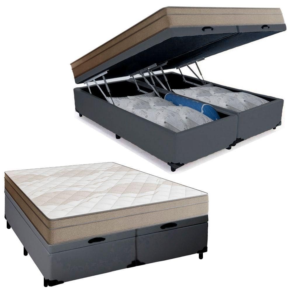 Cama Box Baú Casal Bipartido Sintético + Colchão De Molas Ensacadas Portobel Ipanema 138x188x66cm Cinza