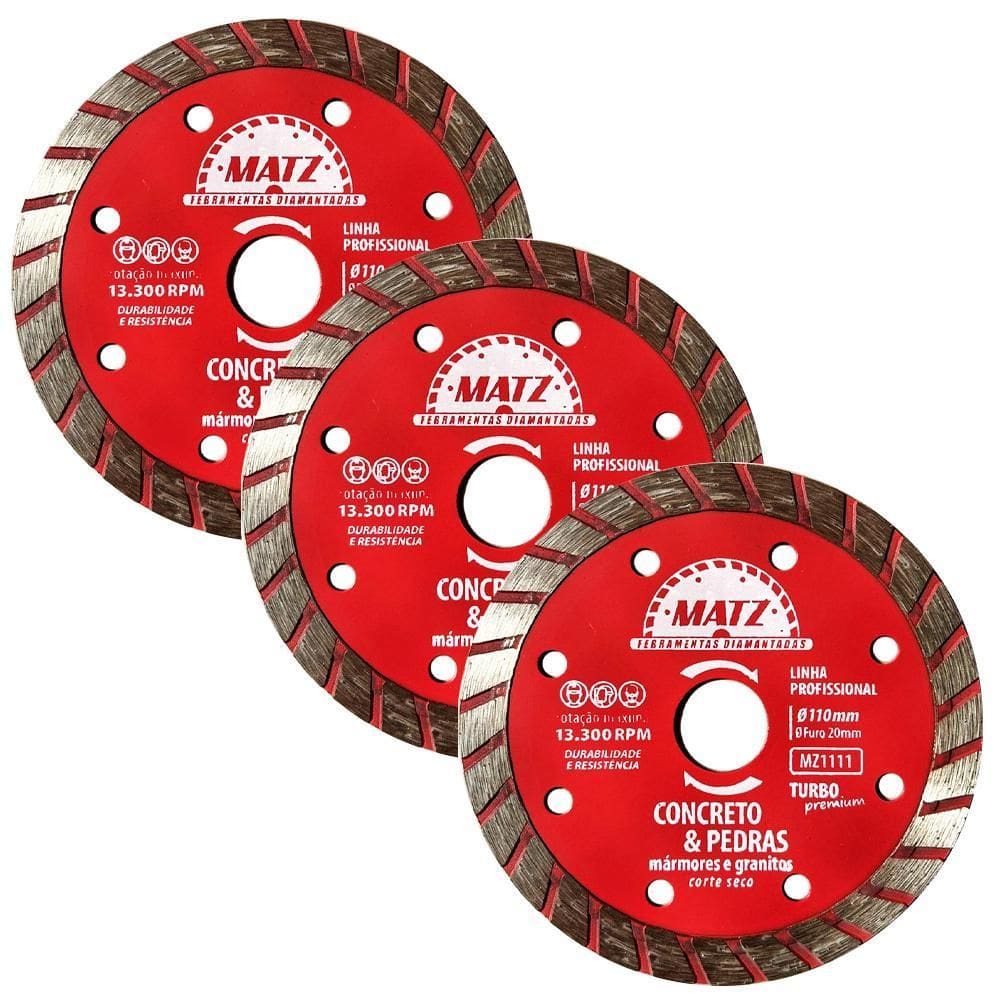 Kit 3 Disco Corte Diamantado Turbo Concreto 110X20Mm Matz