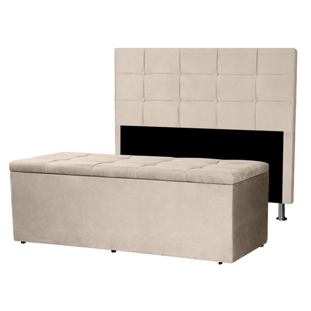 Kit Cabeceira E Calçadeira Baú Casal 1,40m Roma Suede Bege Sky Mobile