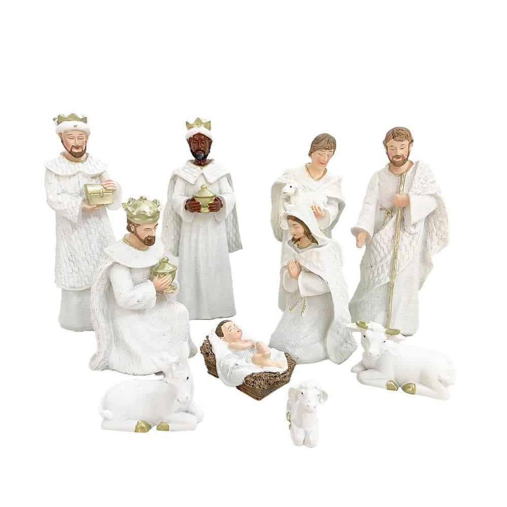 Presépio Completo 10 Peças Resina Branco Enfeite Natal