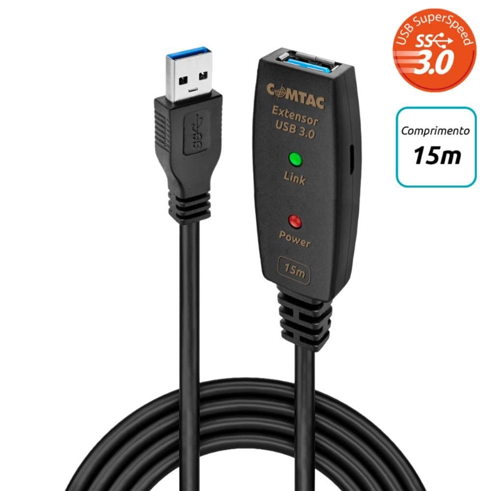 Cabo Extensor USB 3.0 AM/AF com Amplificador de Sinal - 15m - 5 Gbps - Plug e Play - Comtac 28129375