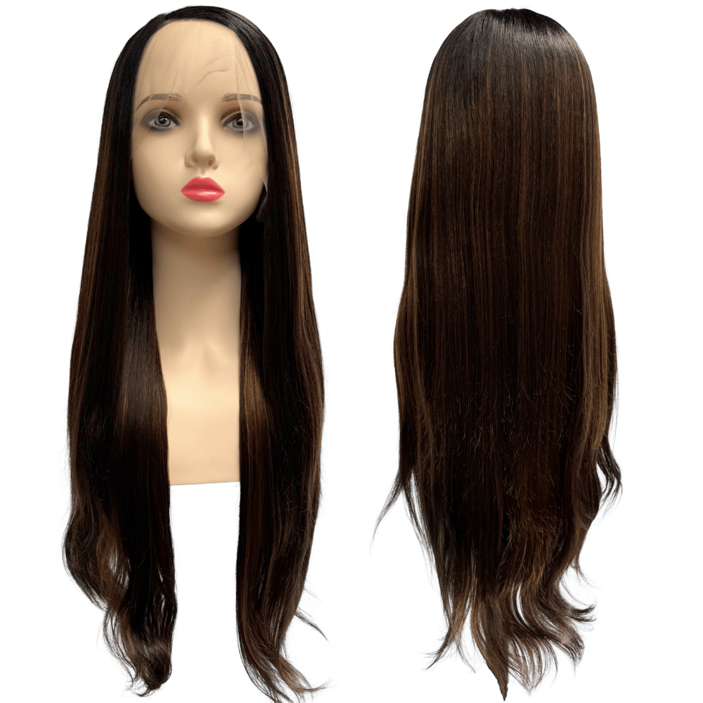 Peruca front lace HD orgânica castanho escuro mechas 43027