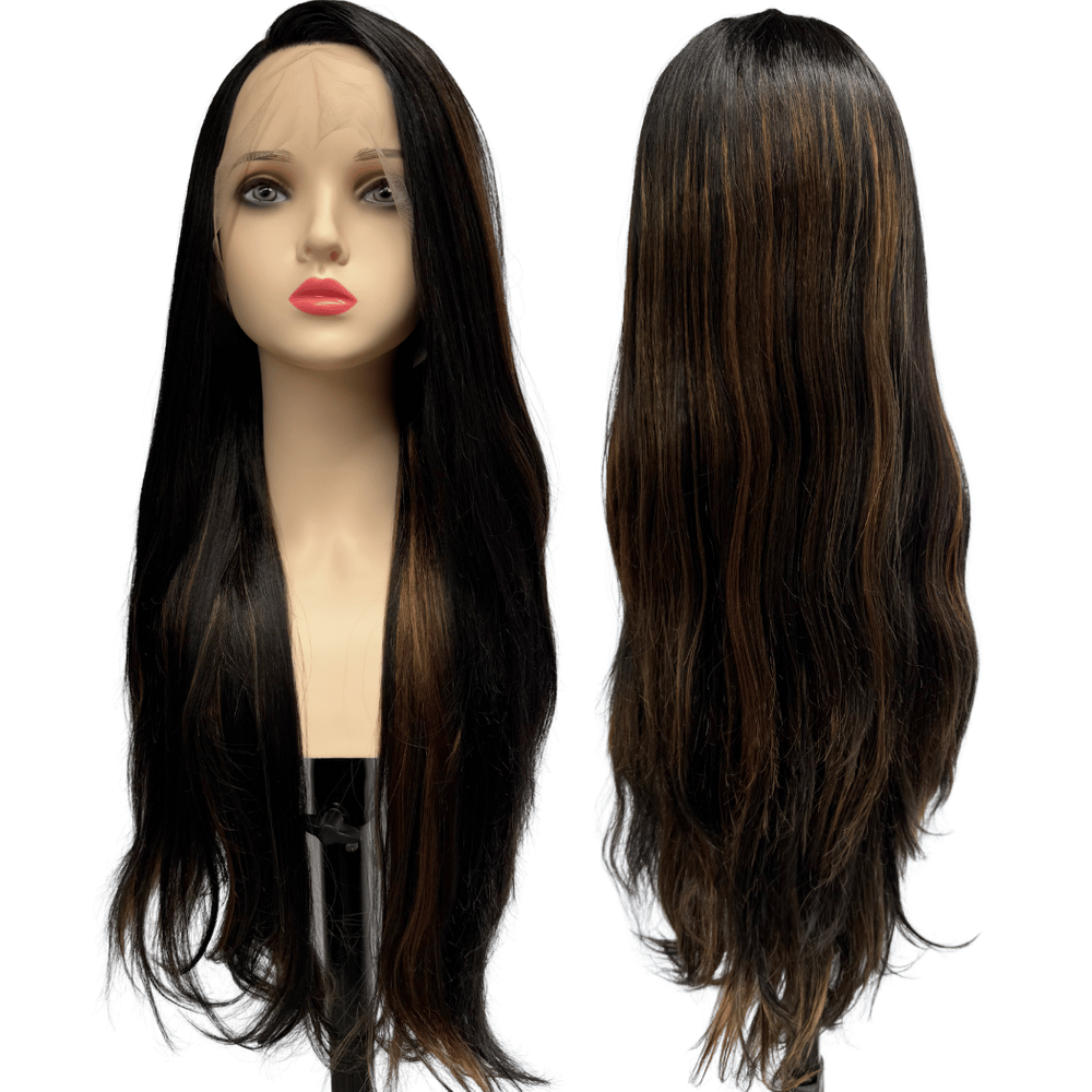Peruca front lace HD orgânica preto com mechas claras 1B2730