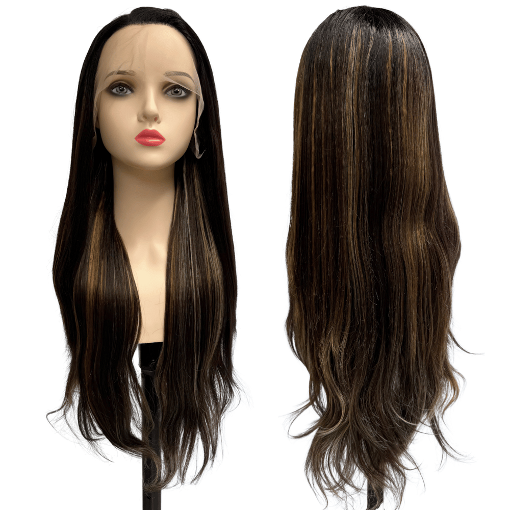 Peruca front lace HD orgânica preta com mechas loiras 427613