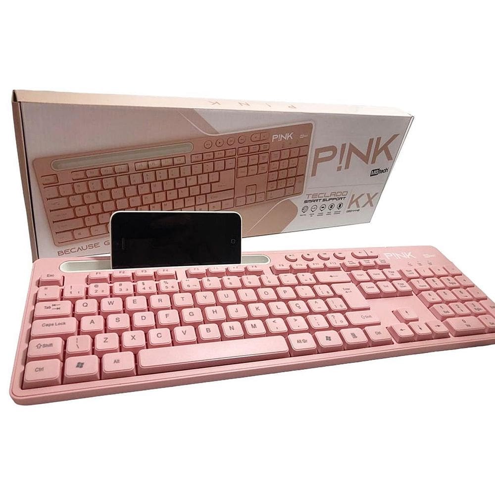 Teclado Rosa Para Computador Notebook Com Suporte De Celular