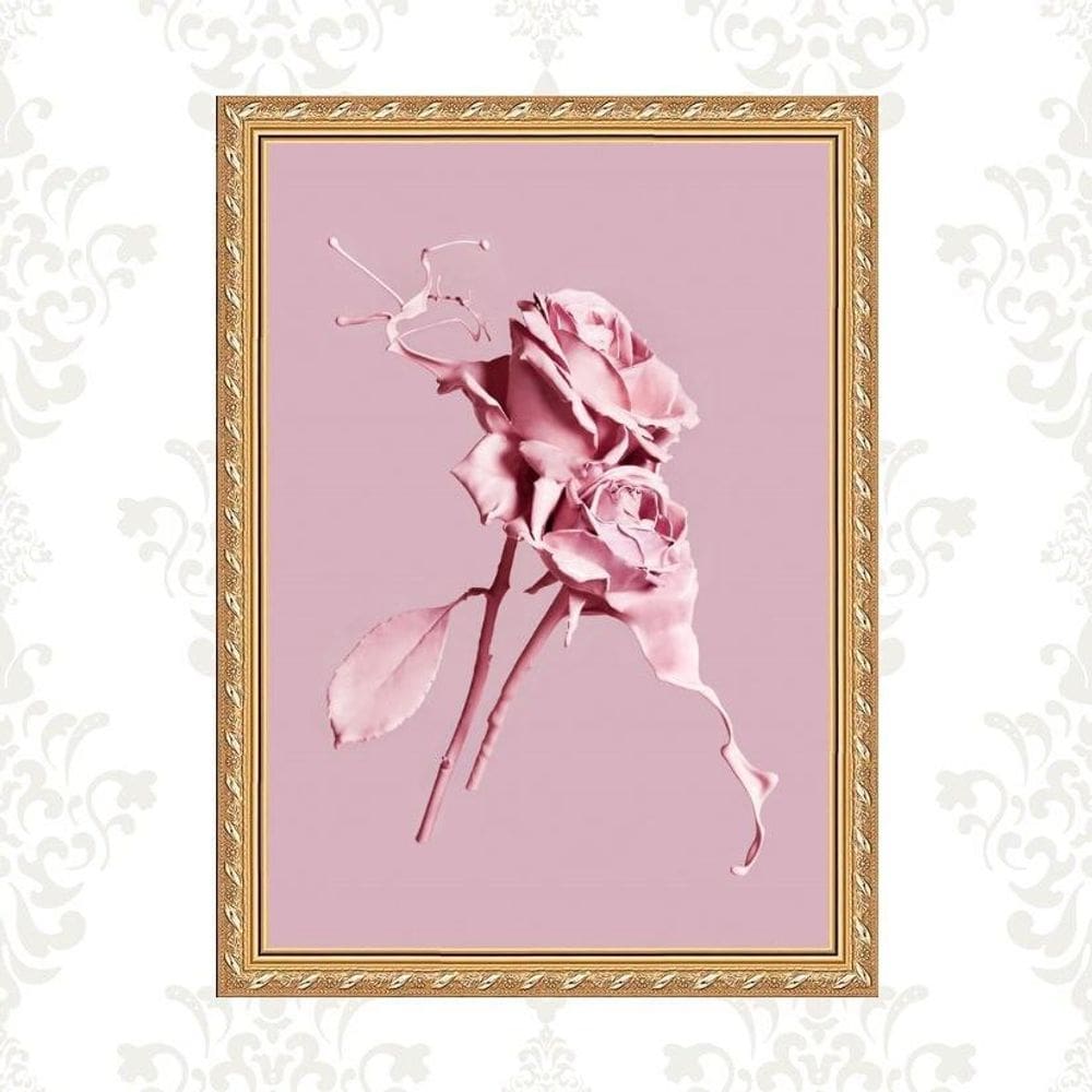 Quadro Moldura Dourada Flores Rosas - Tinta 33X24Cm