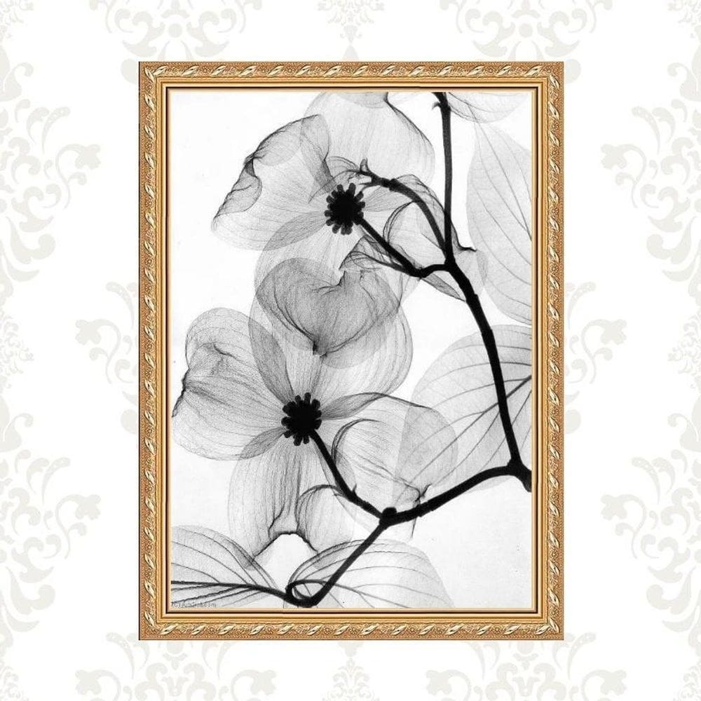 Quadro Moldura Dourada Flores Transparentes 33X24Cm