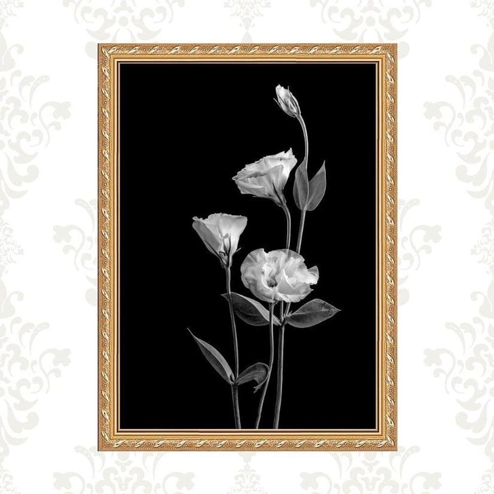 Quadro Moldura Dourada Flores Brancas Fundo Preto 24X18Cm