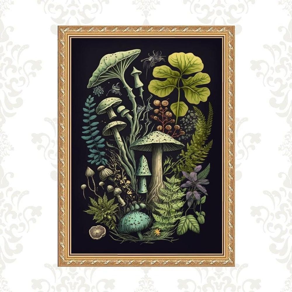 Quadro Moldura Dourada Botânica Cogumelos 45X34Cm