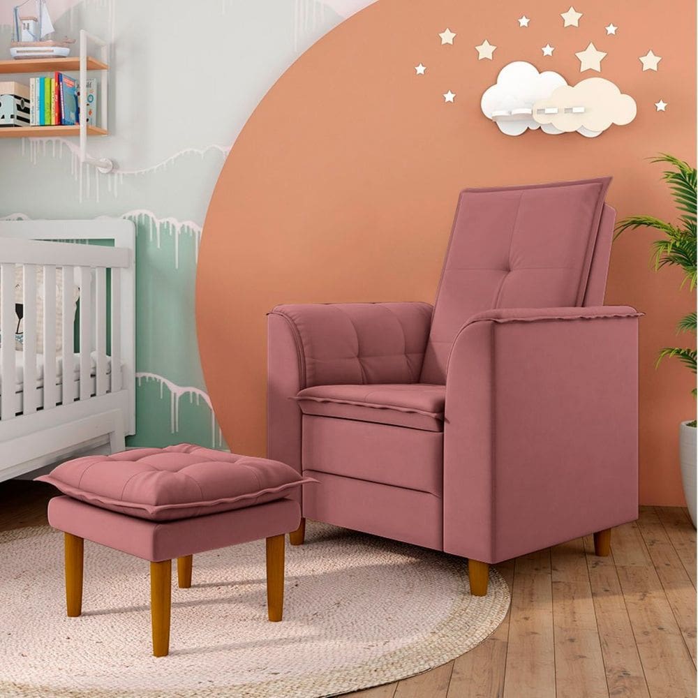 Poltrona Decorativa Amamentação Reforçada e Puff Alice Veludo