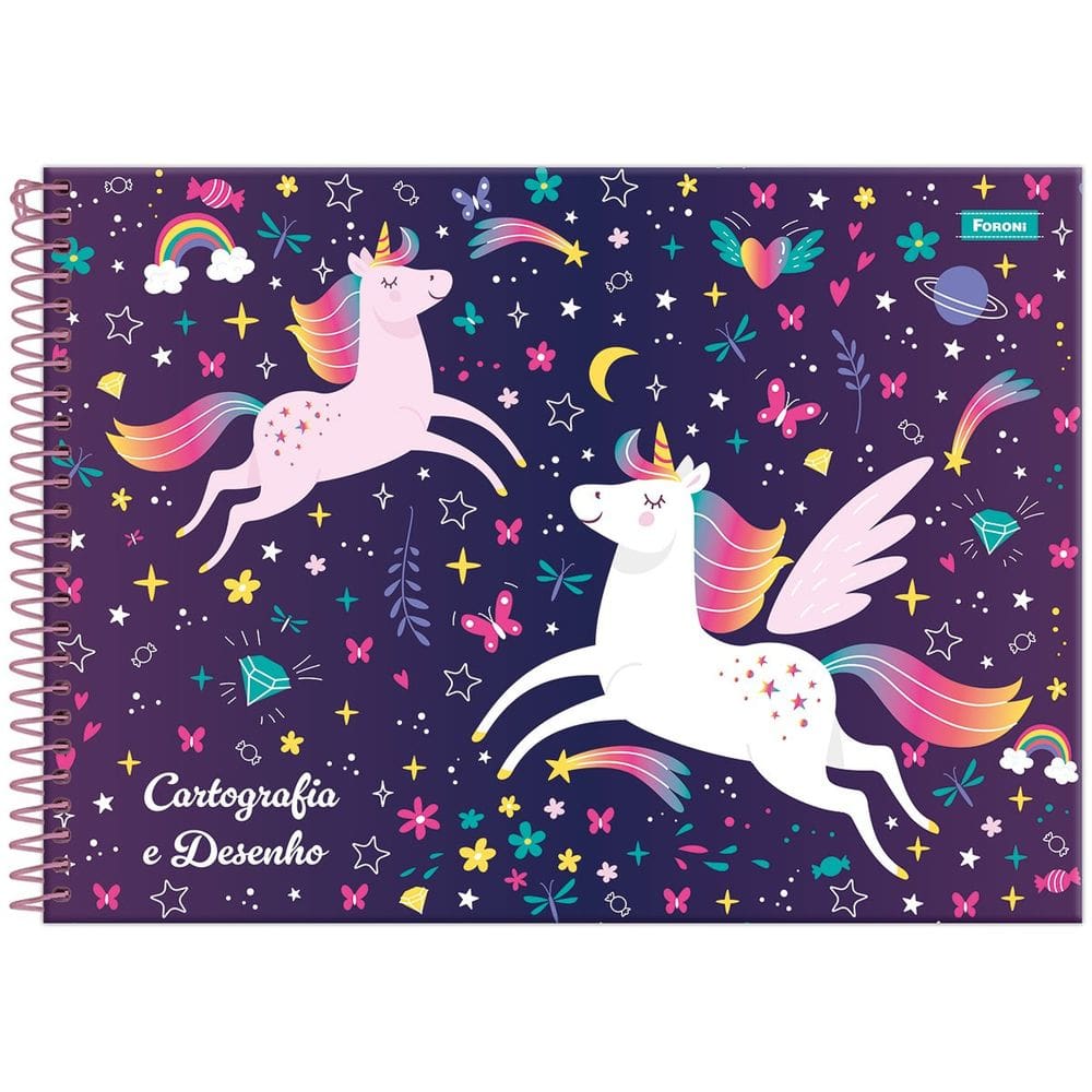 Caderno Escolar de Cartografia e Desenho Unicórnio Espiral 80 Folhas Fofo Colorido Mágico Foroni