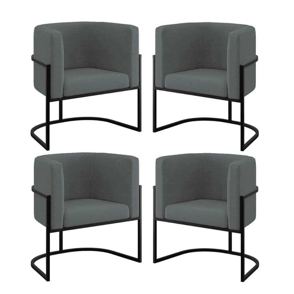 Kit 04 Cadeiras Poltrona Para Sala Quarto Base De Metal Preta Cinza