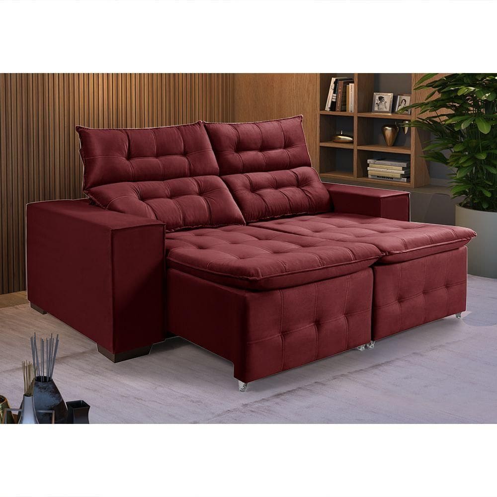 Sofá Retratil Reclinável 3 Lugares Pillow Em Veludo 1,90 Vinho Roxo