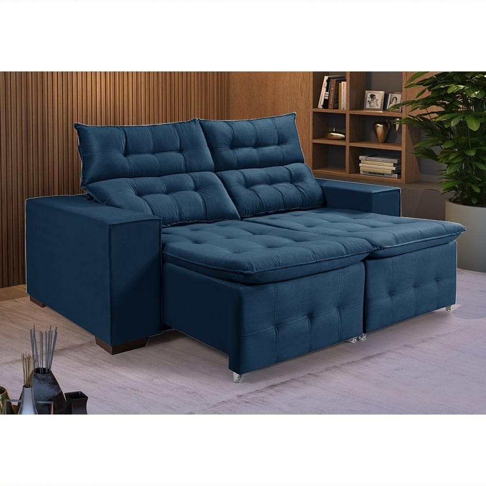Sofá Retratil Reclinável Pillow Em Veludo 1,90 Azul