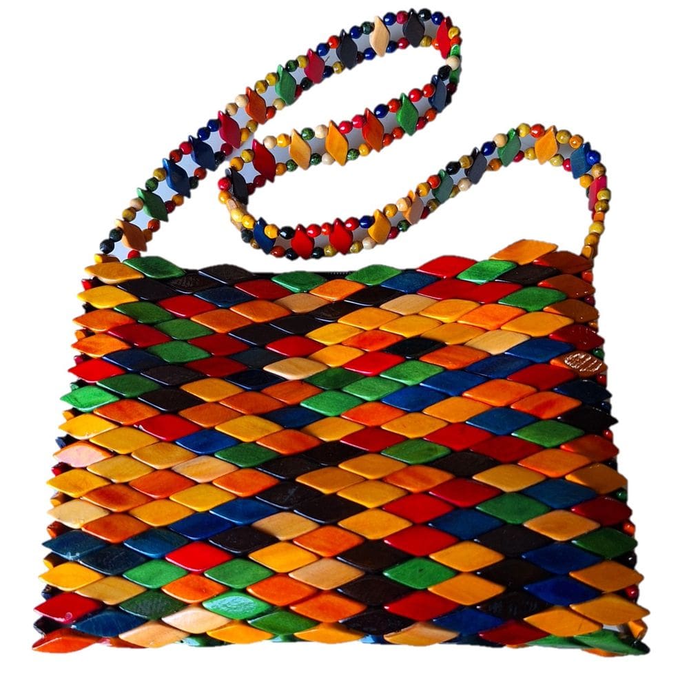 Bolsa Artesanal Madeira Envernizada Colorida Retangula Ombro