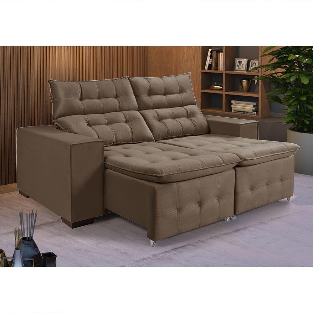 Sofá Retratil Reclinável 3 Lugares Pillow Em Veludo 1,90 Amêndoa Marrom