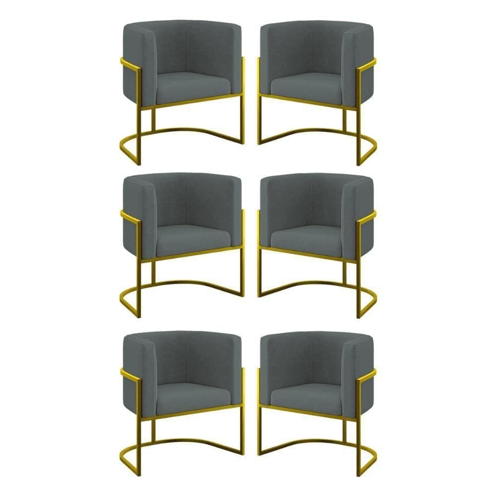 Kit 06 Cadeiras Poltrona Para Sala Quarto Base De Metal Gold Cinza