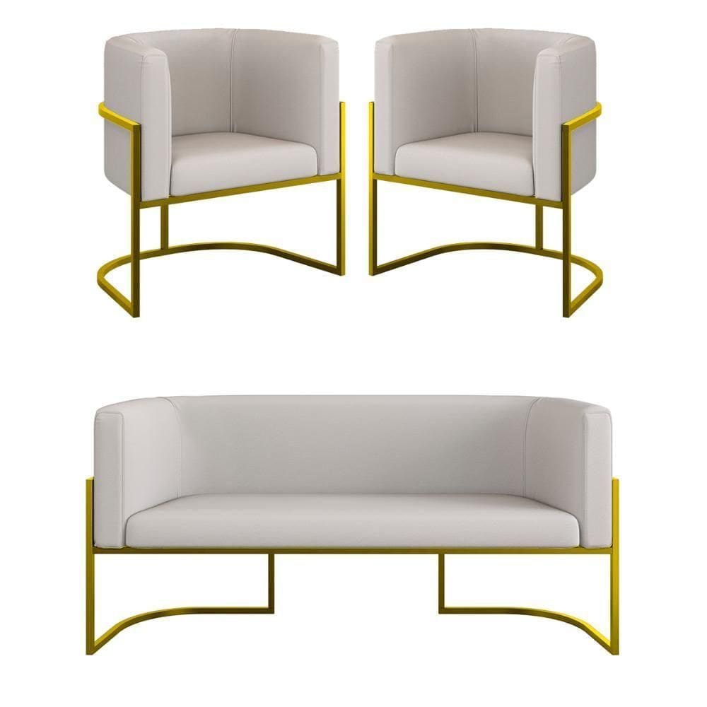 Kit 2 Cadeiras Poltronas + Sofá 2 Lugares Base Gold Corino Bege