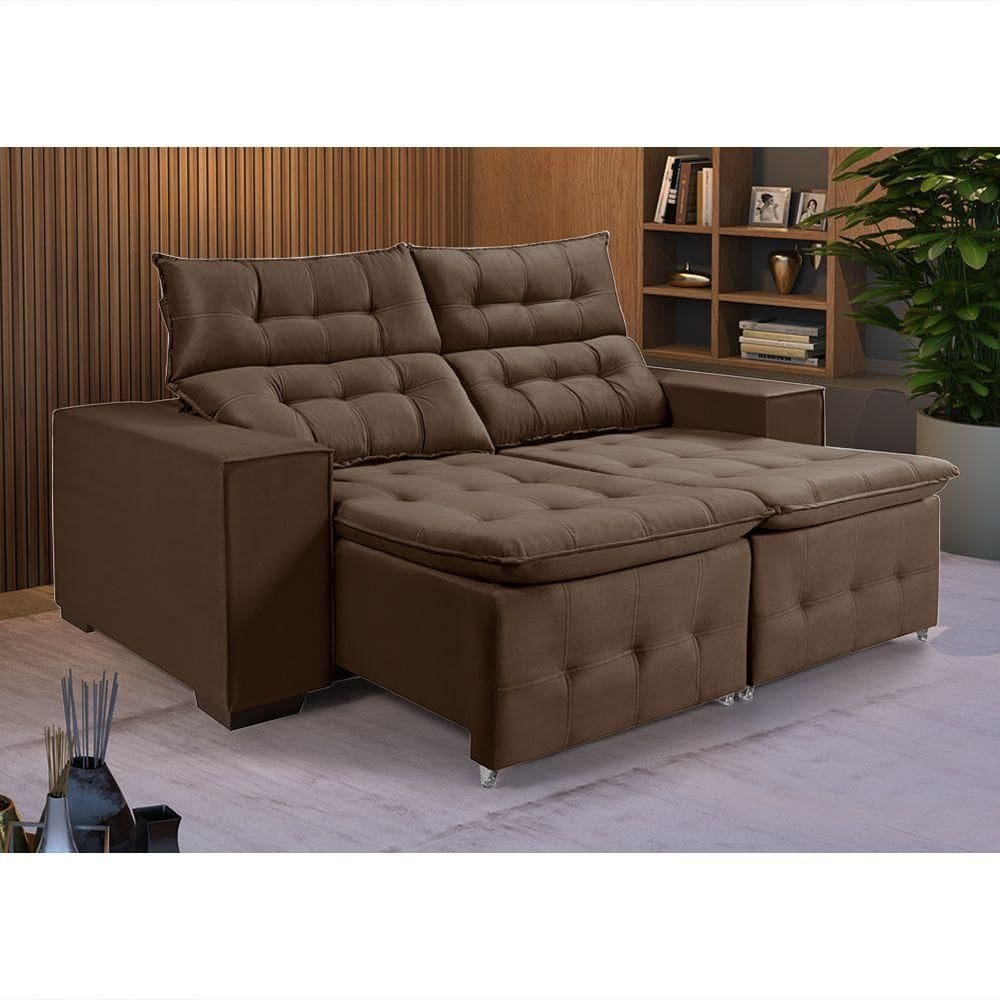 Sofá Retratil Reclinável 3 Lugares Pillow Em Veludo 1,90 Marrom