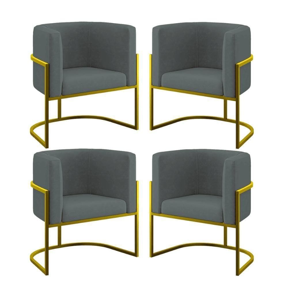 Kit 04 Cadeiras Poltrona Para Sala Quarto Base De Metal Gold Cinza