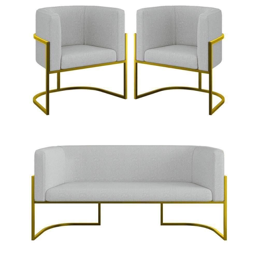 Kit 2 Cadeiras Poltronas + Sofá 2 Lugares Base Gold Bouclê Cinza