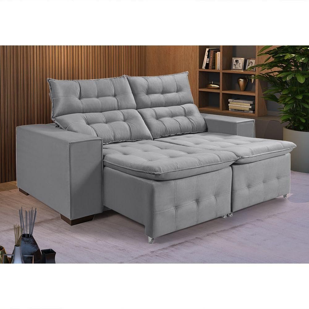 Sofá Retratil Reclinável Pillow Em Veludo 1,90 Cinza