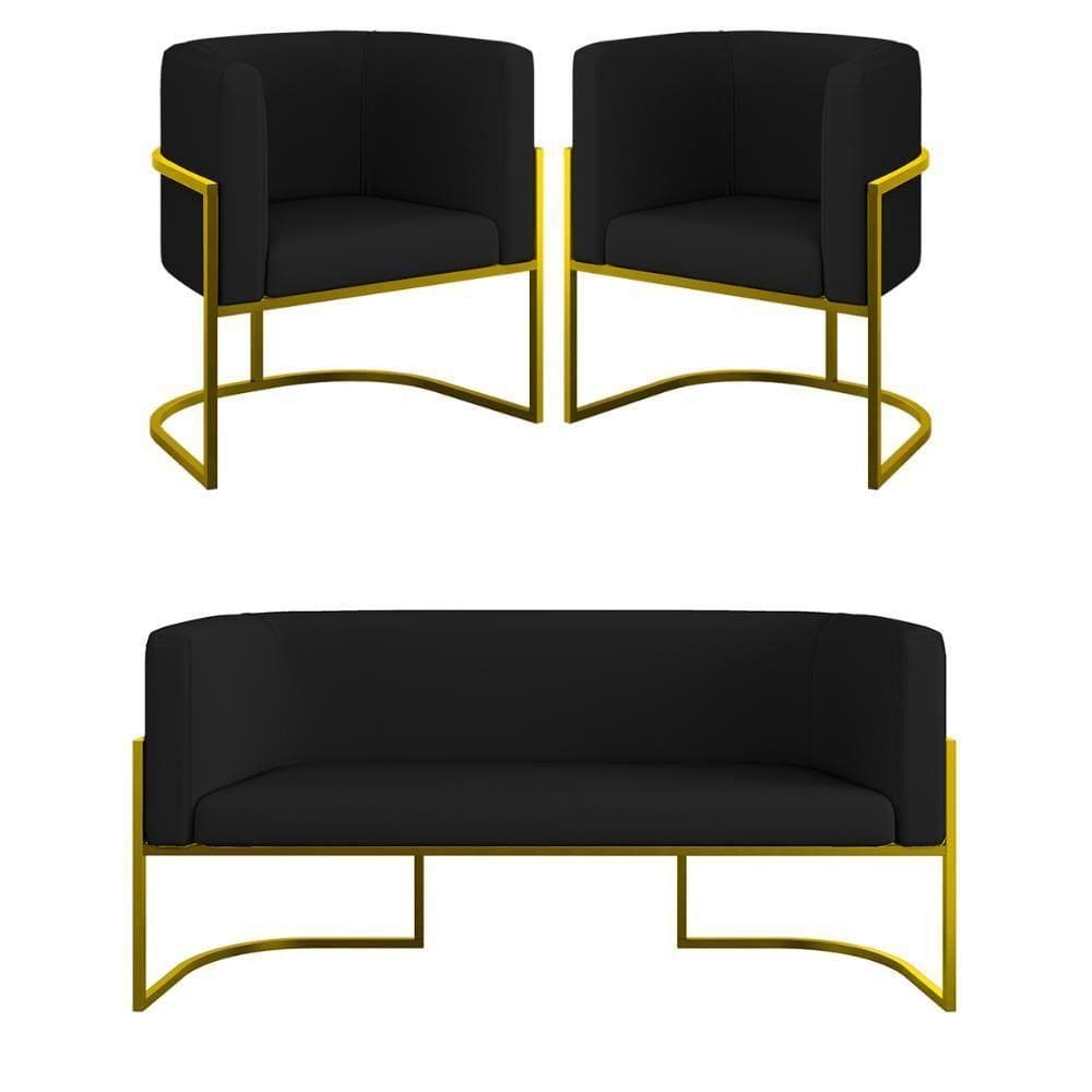 Kit 2 Cadeiras Poltronas + Sofá 2 Lugares Base Gold Corino Preto
