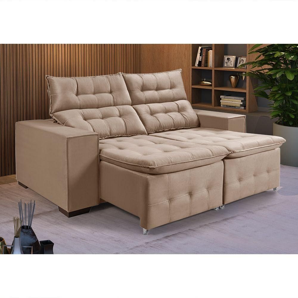 Sofá Retratil Reclinável 3 Lugares Pillow Em Veludo 1,90 Castor Marrom