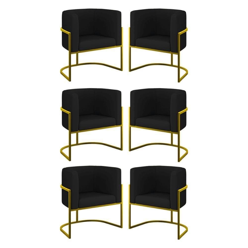 Kit 06 Poltronas Lua Sala Decorativa Base Ferro Gold Corino Preto