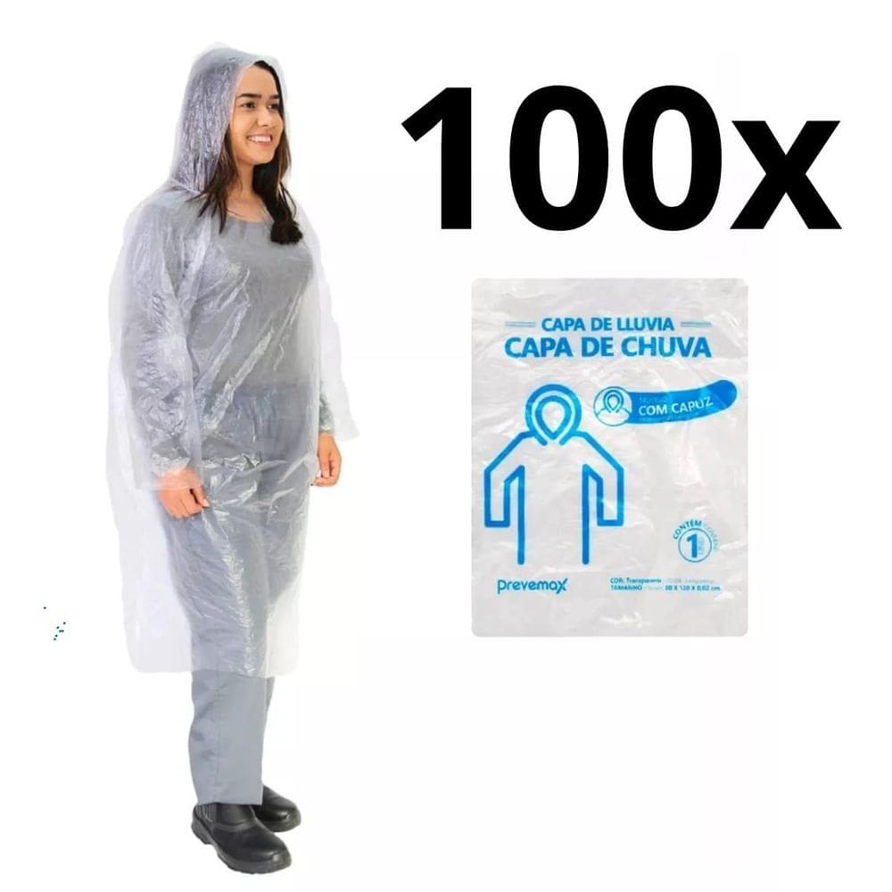 100 Capas De Chuva Descartavel Transparente Capuz Unissex