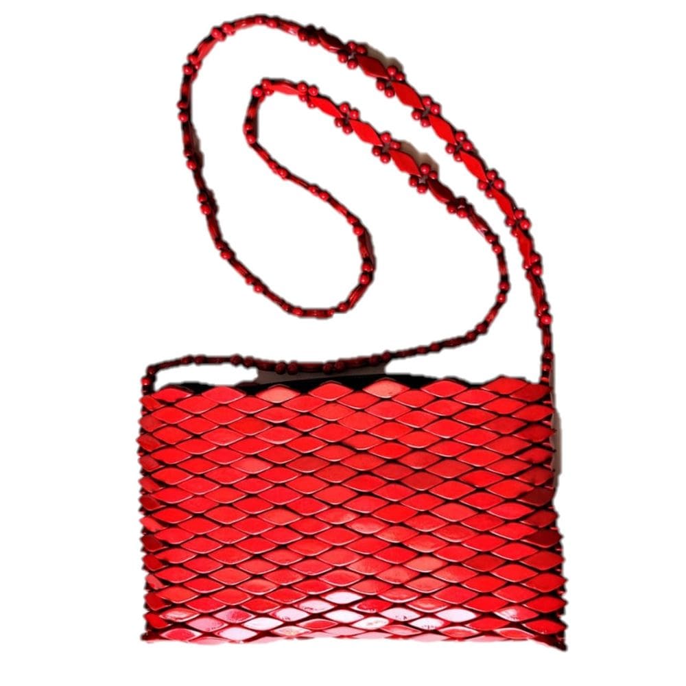 Bolsa Artesanal Retangular Peças Madeira Vermelha Alça Curta