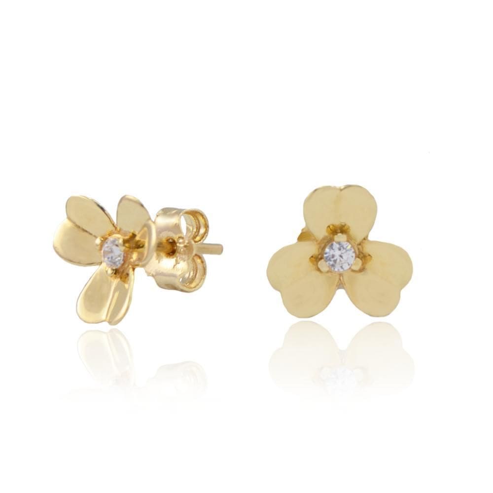 Brinco Trevo 3 Folhas Com 9 Mm Com Zircônias Em Ouro 18K