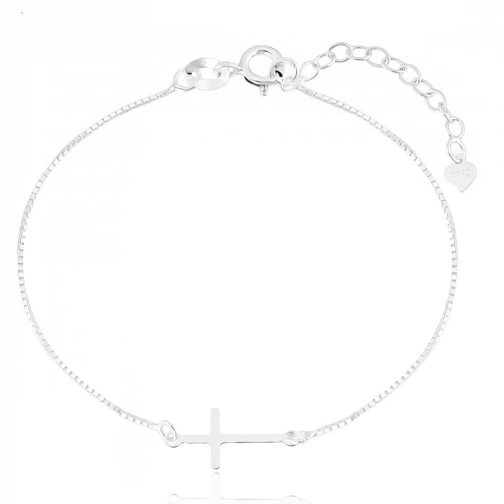 Pulseira De Prata 925 Veneziana Cruz C/ Fecho Ajustavel