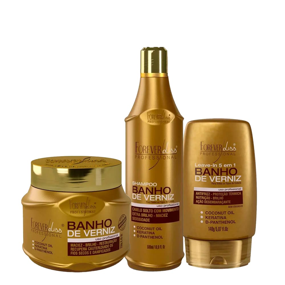 Kit Banho de Verniz Forever Liss Shampoo, Leave-in, Máscara