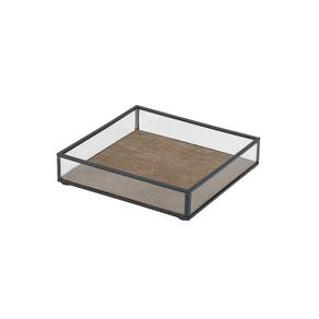 Bandeja Decorativa Em Vidro Metal e Couro Sintético Marrom 18cm AH0605 BTC